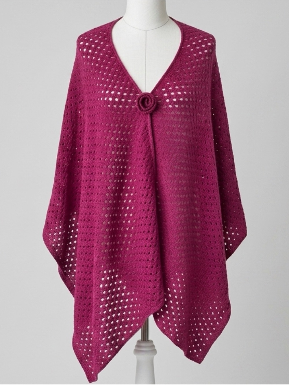 Vintage Poncho Shawl Open Knit Magenta One Size USA Y2K Lagenlook Layering Boho